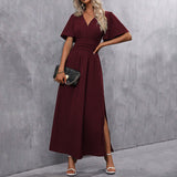Eterna - Vestido Largo Elegante en Negro con Escote en V Manga Transparente y Abertura