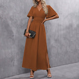 Eterna - Vestido Largo Elegante en Negro con Escote en V Manga Transparente y Abertura