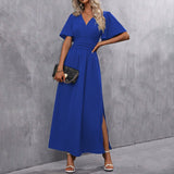 Eterna - Vestido Largo Elegante en Negro con Escote en V Manga Transparente y Abertura