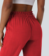 Susana - Pantalones Cintura Alta con Bolsillos Estilo Lino