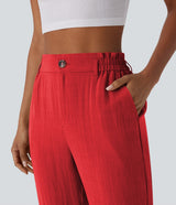 Susana - Pantalones Cintura Alta con Bolsillos Estilo Lino